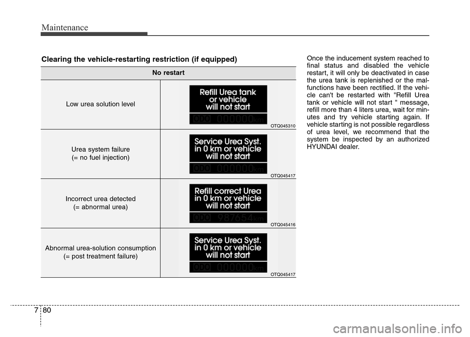 Hyundai H-1 (Grand Starex) 2016 Owners Manual Maintenance
80 7
Once the inducement system reached to
final status and disabled the vehicle
restart, it will only be deactivated in case
the urea tank is replenished or the mal-
functions have been r Hyundai H-1 (Grand Starex) 2016 Owners Manual Maintenance
80 7
Once the inducement system reached to
final status and disabled the vehicle
restart, it will only be deactivated in case
the urea tank is replenished or the mal-
functions have been r