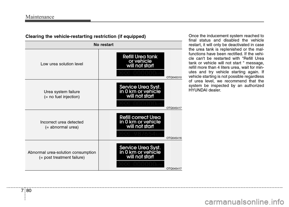 Hyundai H-1 (Grand Starex) 2016  Owners Manual Maintenance
80 7
Once the inducement system reached to
final status and disabled the vehicle
restart, it will only be deactivated in case
the urea tank is replenished or the mal-
functions have been r