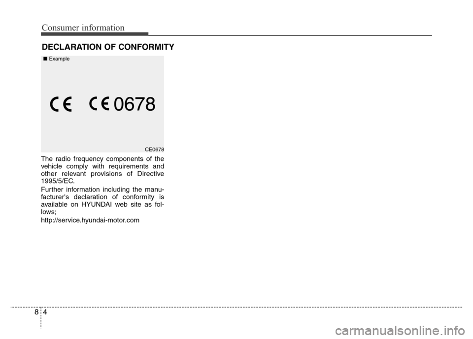 Hyundai H-1 (Grand Starex) 2016  Owners Manual Consumer information
4 8
The radio frequency components of the
vehicle comply with requirements and
other relevant provisions of Directive
1995/5/EC.
Further information including the manu-
facturers