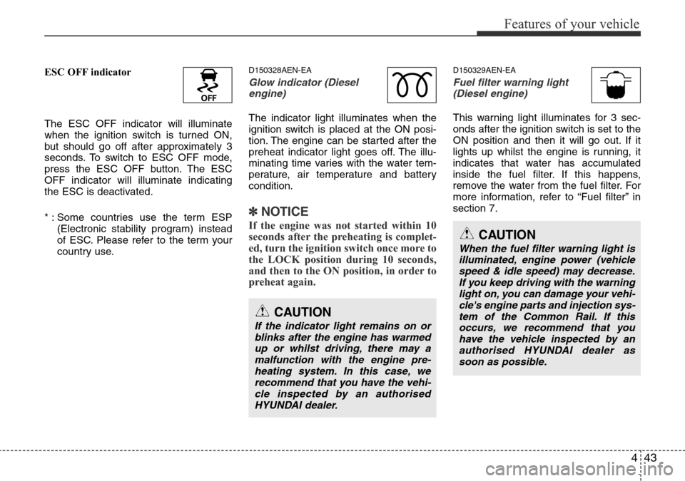 Hyundai H-1 (Grand Starex) 2016 Owners Manual - RHD (UK, Australia) 443
Features of your vehicle
ESC OFF indicator
The ESC OFF indicator will illuminate
when the ignition switch is turned ON,
but should go off after approximately 3
seconds. To switch to ESC OFF mode,
Hyundai H-1 (Grand Starex) 2016 Owners Manual - RHD (UK, Australia) 443
Features of your vehicle
ESC OFF indicator
The ESC OFF indicator will illuminate
when the ignition switch is turned ON,
but should go off after approximately 3
seconds. To switch to ESC OFF mode,