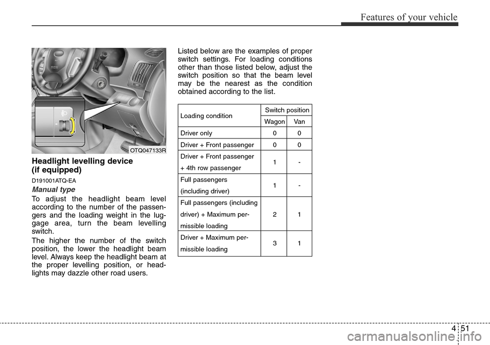 Hyundai H-1 (Grand Starex) 2016 Owners Manual - RHD (UK, Australia) 451
Features of your vehicle
Headlight levelling device
(if equipped)
D191001ATQ-EA
Manual type
To adjust the headlight beam level
according to the number of the passen-
gers and the loading weight i Hyundai H-1 (Grand Starex) 2016 Owners Manual - RHD (UK, Australia) 451
Features of your vehicle
Headlight levelling device
(if equipped)
D191001ATQ-EA
Manual type
To adjust the headlight beam level
according to the number of the passen-
gers and the loading weight i