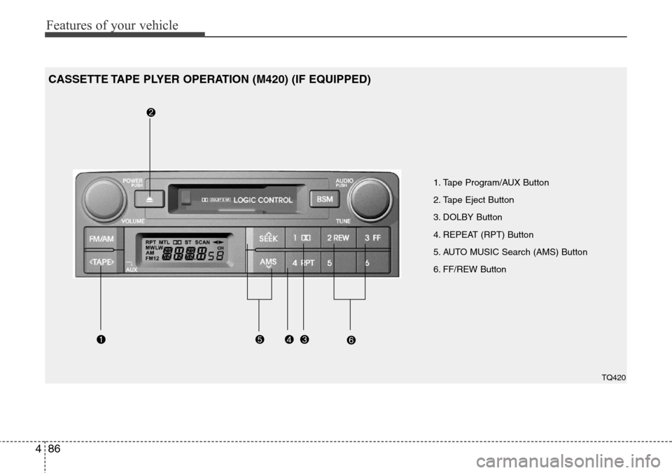 Hyundai H-1 (Grand Starex) 2016 Owners Manual - RHD (UK, Australia) Features of your vehicle
86 4
1. Tape Program/AUX Button
2. Tape Eject Button
3. DOLBY Button
4. REPEAT (RPT) Button
5. AUTO MUSIC Search (AMS) Button
6. FF/REW Button
CASSETTE TAPE PLYER OPERATION ( Hyundai H-1 (Grand Starex) 2016 Owners Manual - RHD (UK, Australia) Features of your vehicle
86 4
1. Tape Program/AUX Button
2. Tape Eject Button
3. DOLBY Button
4. REPEAT (RPT) Button
5. AUTO MUSIC Search (AMS) Button
6. FF/REW Button
CASSETTE TAPE PLYER OPERATION (