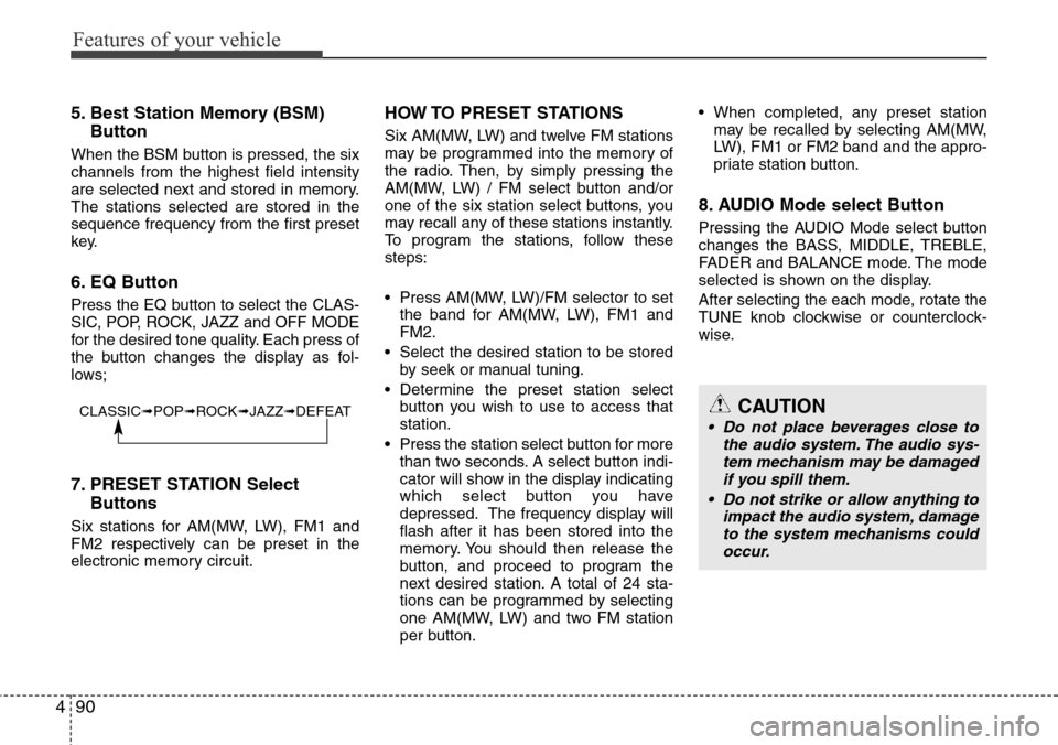 Hyundai H-1 (Grand Starex) 2016 Owners Manual - RHD (UK, Australia) Features of your vehicle
90 4
5. Best Station Memory (BSM)
Button
When the BSM button is pressed, the six
channels from the highest field intensity
are selected next and stored in memory.
The stations Hyundai H-1 (Grand Starex) 2016 Owners Manual - RHD (UK, Australia) Features of your vehicle
90 4
5. Best Station Memory (BSM)
Button
When the BSM button is pressed, the six
channels from the highest field intensity
are selected next and stored in memory.
The stations