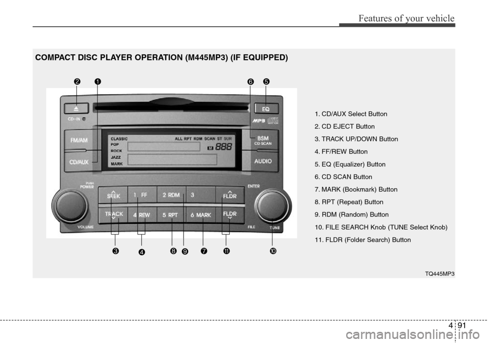 Hyundai H-1 (Grand Starex) 2016 Owners Manual - RHD (UK, Australia) 491
Features of your vehicle
1. CD/AUX Select Button
2. CD EJECT Button
3. TRACK UP/DOWN Button
4. FF/REW Button
5. EQ (Equalizer) Button
6. CD SCAN Button
7. MARK (Bookmark) Button
8. RPT (Repeat) Bu Hyundai H-1 (Grand Starex) 2016 Owners Manual - RHD (UK, Australia) 491
Features of your vehicle
1. CD/AUX Select Button
2. CD EJECT Button
3. TRACK UP/DOWN Button
4. FF/REW Button
5. EQ (Equalizer) Button
6. CD SCAN Button
7. MARK (Bookmark) Button
8. RPT (Repeat) Bu