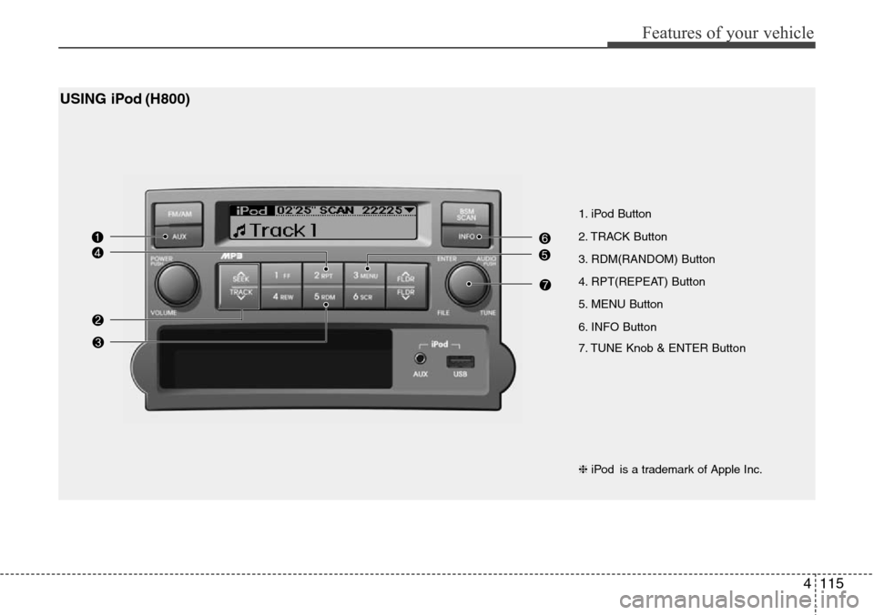 Hyundai H-1 (Grand Starex) 2016 Owners Manual - RHD (UK, Australia) 4115
Features of your vehicle
1. iPod Button
2. TRACK Button
3. RDM(RANDOM) Button
4. RPT(REPEAT) Button
5. MENU Button
6. INFO Button
7. TUNE Knob & ENTER Button
USING iPod (H800)
❈iPod is a tradem Hyundai H-1 (Grand Starex) 2016 Owners Manual - RHD (UK, Australia) 4115
Features of your vehicle
1. iPod Button
2. TRACK Button
3. RDM(RANDOM) Button
4. RPT(REPEAT) Button
5. MENU Button
6. INFO Button
7. TUNE Knob & ENTER Button
USING iPod (H800)
❈iPod is a tradem