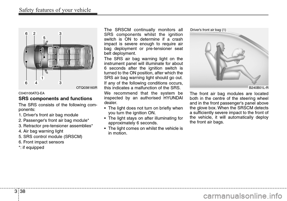 Hyundai H-1 (Grand Starex) 2016  Owners Manual - RHD (UK, Australia) Safety features of your vehicle
38 3
C040100ATQ-EA
SRS components and functions
The SRS consists of the following com-
ponents:
1. Drivers front air bag module
2. Passengers front air bag module*
3.