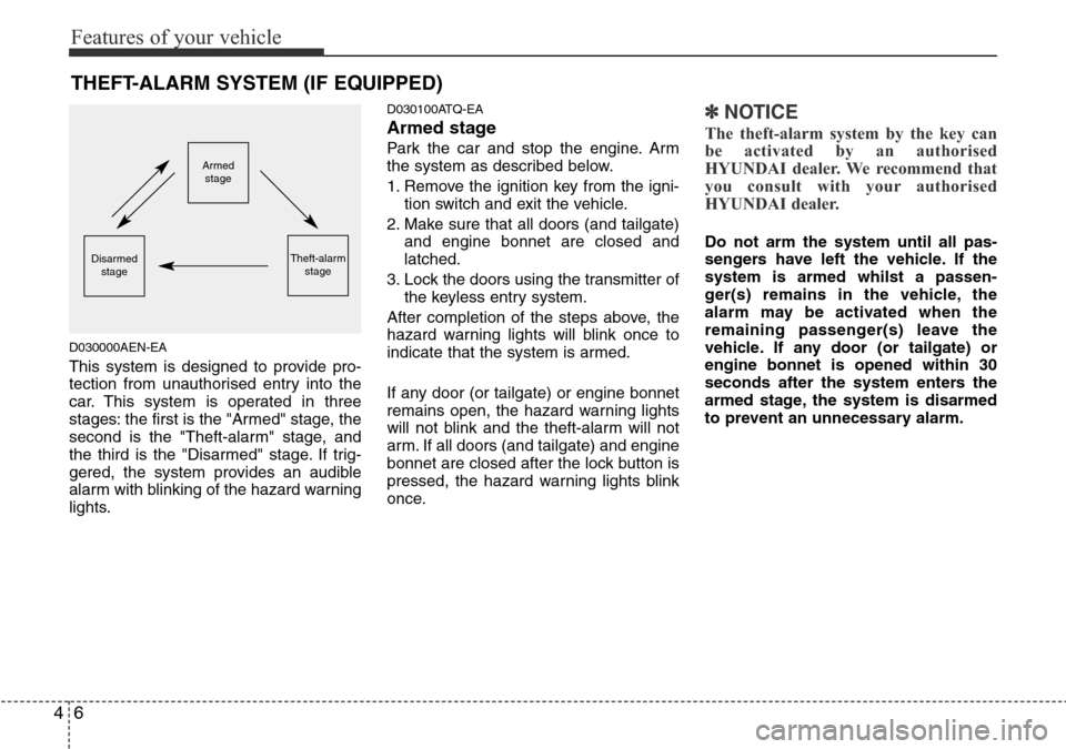 Hyundai H-1 (Grand Starex) 2016   - RHD (UK, Australia) Manual PDF Features of your vehicle
6 4
THEFT-ALARM SYSTEM (IF EQUIPPED)
D030000AEN-EA
This system is designed to provide pro-
tection from unauthorised entry into the
car. This system is operated in three
stage