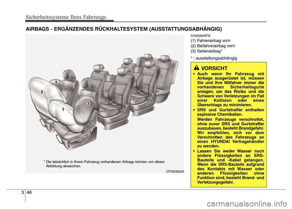 Hyundai H-1 (Grand Starex) 2016  Betriebsanleitung (in German) Sicherheitssysteme Ihres Fahrzeugs
46 3
C040000ATQ
(1) Fahrerairbag vorn
(2) Beifahrerairbag vorn
(3) Seitenairbag*
* : ausstattungsabhängig
AIRBAGS - ERGÄNZENDES RÜCKHALTESYSTEM (AUSSTATTUNGSABHÄ