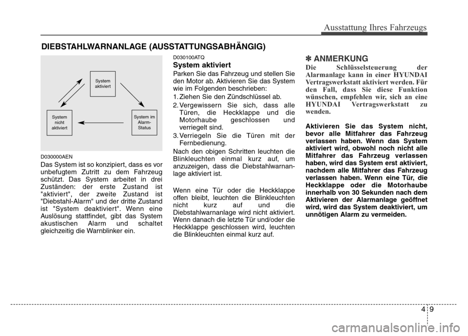 Hyundai H-1 (Grand Starex) 2016  Betriebsanleitung (in German) 49
Ausstattung Ihres Fahrzeugs
D030000AEN
Das System ist so konzipiert, dass es vor
unbefugtem Zutritt zu dem Fahrzeug
schützt. Das System arbeitet in drei
Zuständen: der erste Zustand ist
"aktivier Hyundai H-1 (Grand Starex) 2016  Betriebsanleitung (in German) 49
Ausstattung Ihres Fahrzeugs
D030000AEN
Das System ist so konzipiert, dass es vor
unbefugtem Zutritt zu dem Fahrzeug
schützt. Das System arbeitet in drei
Zuständen: der erste Zustand ist
"aktivier