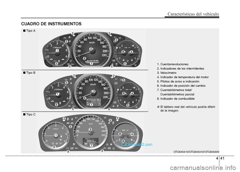 Hyundai H-1 (Grand Starex) 2016 Manual del propietario (in Spanish) 441
Características del vehículo
CUADRO DE INSTRUMENTOS
1. Cuentarrevoluciones
2. Indicadores de los intermitentes
3. Velocímetro
4. Indicador de temperatura del motor
5. Pilotos de aviso e indicac Hyundai H-1 (Grand Starex) 2016 Manual del propietario (in Spanish) 441
Características del vehículo
CUADRO DE INSTRUMENTOS
1. Cuentarrevoluciones
2. Indicadores de los intermitentes
3. Velocímetro
4. Indicador de temperatura del motor
5. Pilotos de aviso e indicac