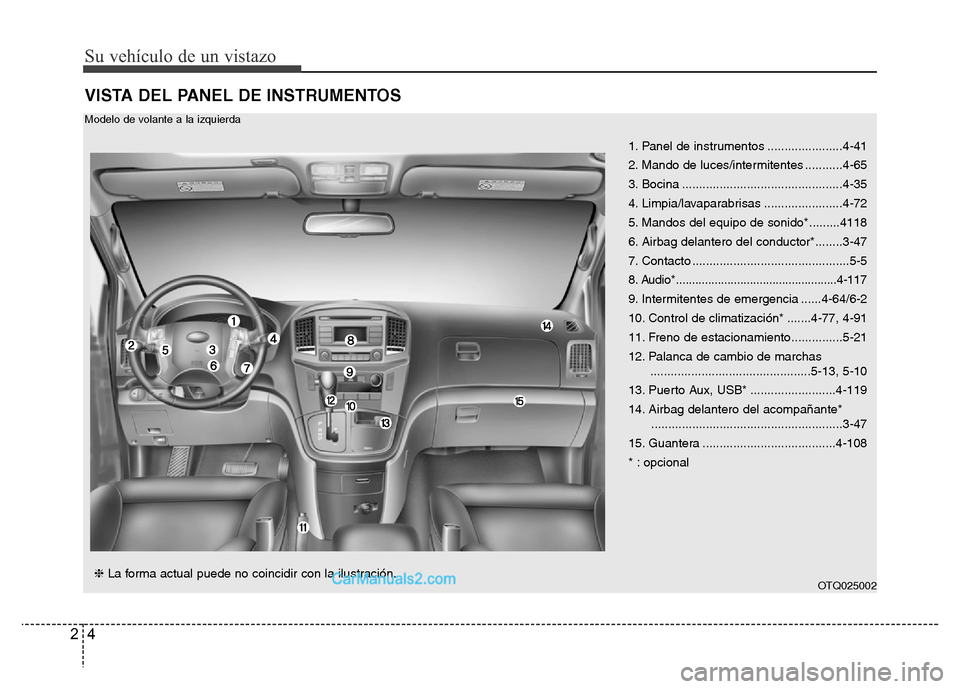Hyundai H-1 (Grand Starex) 2016 Manual del propietario (in Spanish) Su vehículo de un vistazo
4 2
VISTA DEL PANEL DE INSTRUMENTOS
1. Panel de instrumentos ......................4-41
2. Mando de luces/intermitentes ...........4-65
3. Bocina ........................... Hyundai H-1 (Grand Starex) 2016 Manual del propietario (in Spanish) Su vehículo de un vistazo
4 2
VISTA DEL PANEL DE INSTRUMENTOS
1. Panel de instrumentos ......................4-41
2. Mando de luces/intermitentes ...........4-65
3. Bocina ...........................