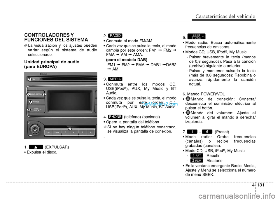 Hyundai H-1 (Grand Starex) 2016  Manual del propietario (in Spanish) 4131
Características del vehículo
CONTROLADORES Y
FUNCIONES DEL SISTEMA
❈La visualización y los ajustes pueden
variar según el sistema de audio
seleccionado.
Unidad principal de audio 
(para EUR