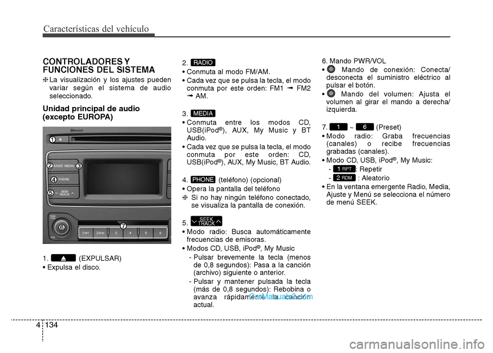 Hyundai H-1 (Grand Starex) 2016  Manual del propietario (in Spanish) Características del vehículo
134 4
CONTROLADORES Y
FUNCIONES DEL SISTEMA
❈La visualización y los ajustes pueden
variar según el sistema de audio
seleccionado.
Unidad principal de audio
(excepto 