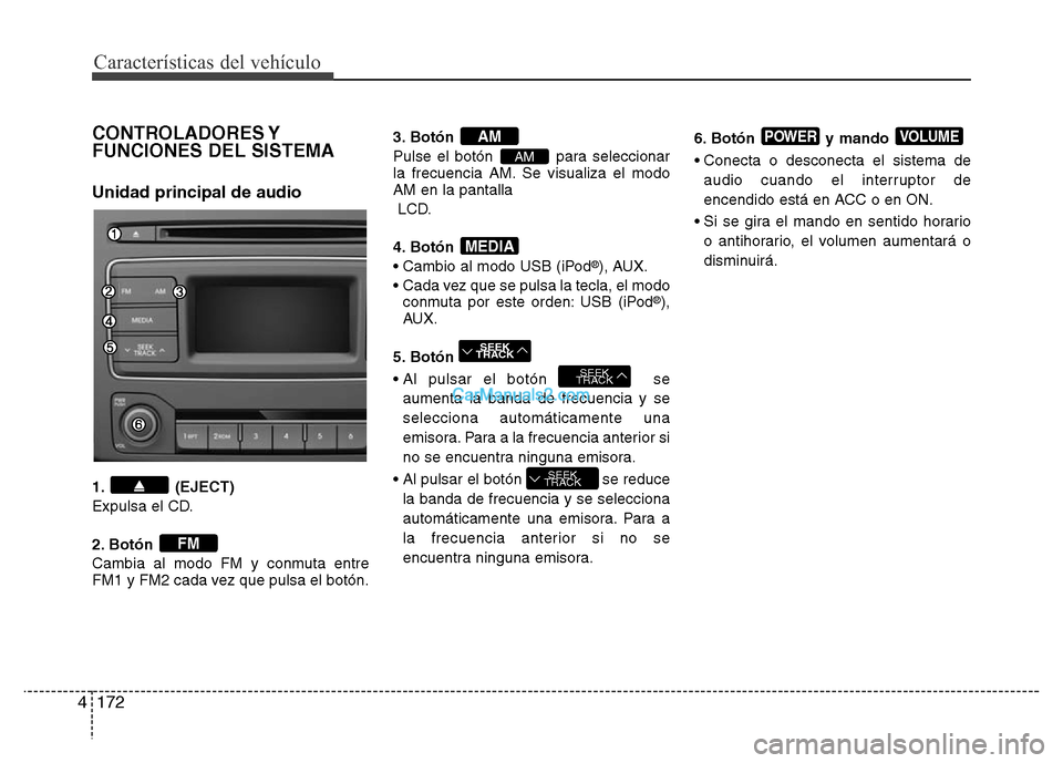 Hyundai H-1 (Grand Starex) 2016  Manual del propietario (in Spanish) Características del vehículo
172 4
CONTROLADORES Y
FUNCIONES DEL SISTEMA
Unidad principal de audio
1. (EJECT)
Expulsa el CD.
2. Botón 
Cambia al modo FM y conmuta entre
FM1 y FM2 cada vez que pulsa