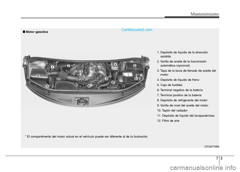 Hyundai H-1 (Grand Starex) 2016 Manual del propietario (in Spanish) 73
Mantenimiento
OTQ077066
1. Depósito de líquido de la dirección
asistida
2. Varilla de aceite de la transmisión
automática (opcional)
3. Tapa de la boca de llenado de aceite del
motor
4. Depós Hyundai H-1 (Grand Starex) 2016 Manual del propietario (in Spanish) 73
Mantenimiento
OTQ077066
1. Depósito de líquido de la dirección
asistida
2. Varilla de aceite de la transmisión
automática (opcional)
3. Tapa de la boca de llenado de aceite del
motor
4. Depós