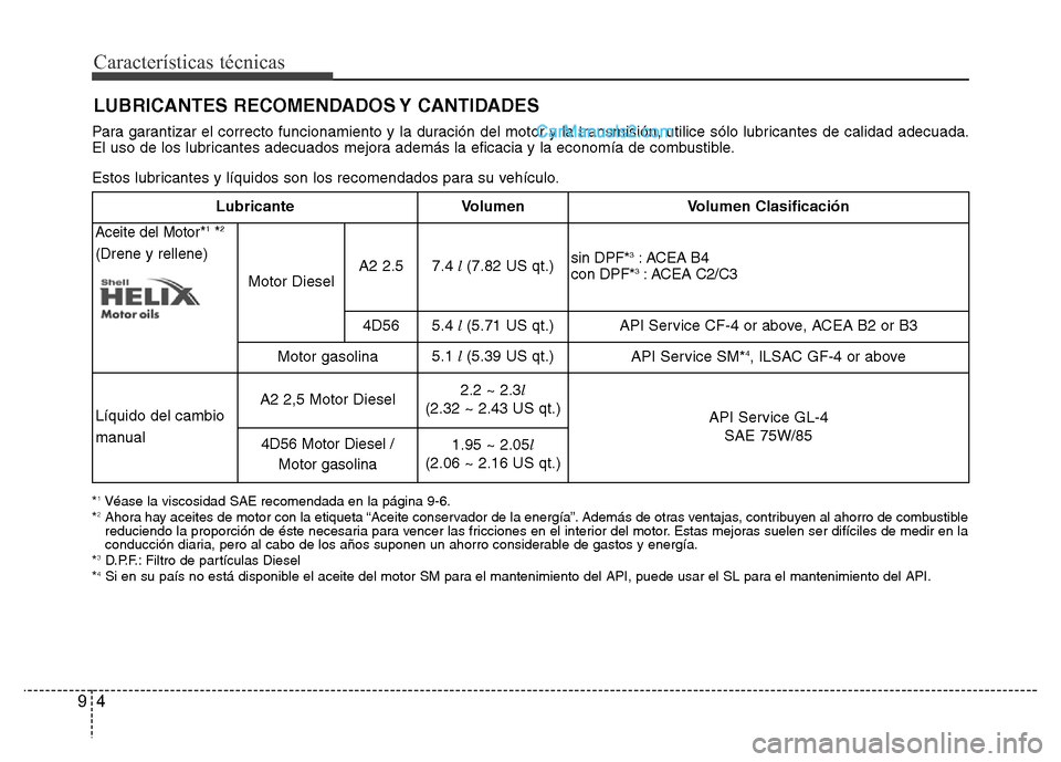 Hyundai H-1 (Grand Starex) 2016 Manual del propietario (in Spanish) Para garantizar el correcto funcionamiento y la duración del motor y la transmisión, utilice sólo lubricantes de calidad adecuada.
El uso de los lubricantes adecuados mejora además la eficacia y l Hyundai H-1 (Grand Starex) 2016 Manual del propietario (in Spanish) Para garantizar el correcto funcionamiento y la duración del motor y la transmisión, utilice sólo lubricantes de calidad adecuada.
El uso de los lubricantes adecuados mejora además la eficacia y l