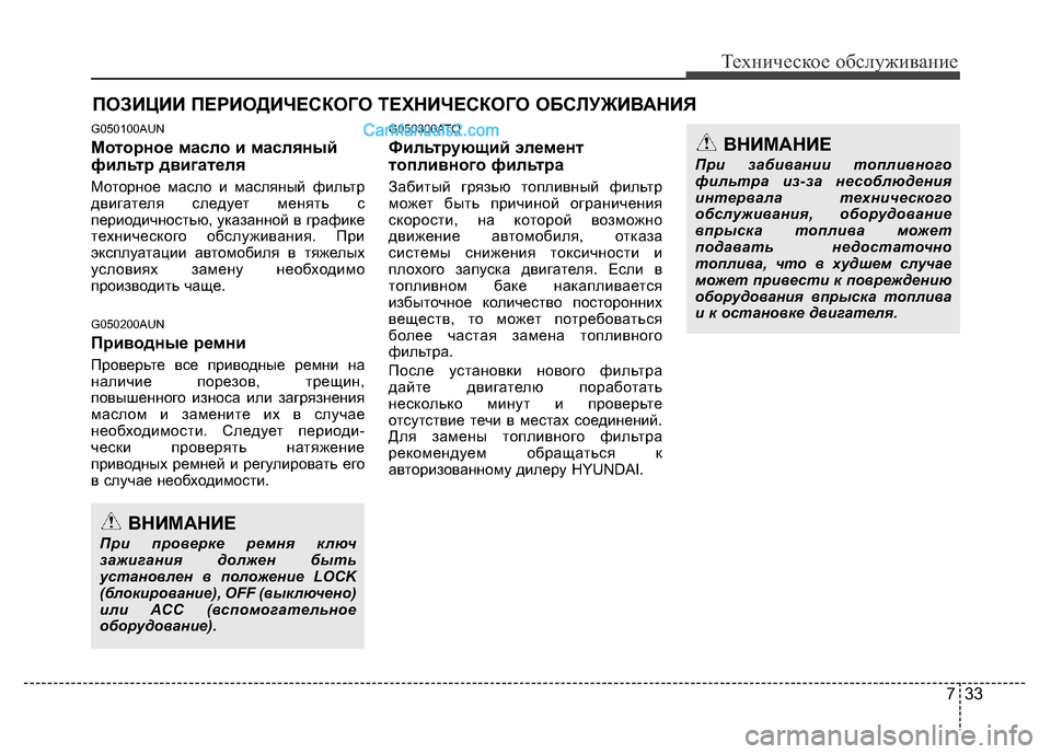 Hyundai H-1 (Grand Starex) 2016 Инструкция по эксплуатации (in Russian) 733
Техническое обслуживание
ПОЗИЦИИ ПЕРИОДИЧЕСКОГО ТЕХНИЧЕСКОГО ОБСЛУЖИВАНИЯ
G050100AUN
Моторное масло и маслян Hyundai H-1 (Grand Starex) 2016 Инструкция по эксплуатации (in Russian) 733
Техническое обслуживание
ПОЗИЦИИ ПЕРИОДИЧЕСКОГО ТЕХНИЧЕСКОГО ОБСЛУЖИВАНИЯ
G050100AUN
Моторное масло и маслян