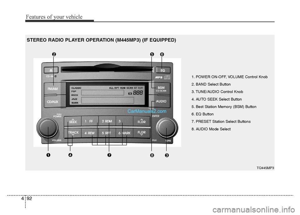 Hyundai H-1 (Grand Starex) 2015 Owners Manual Features of your vehicle
92 4
1. POWER ON-OFF, VOLUME Control Knob
2. BAND Select Button
3. TUNE/AUDIO Control Knob
4. AUTO SEEK Select Button
5. Best Station Memory (BSM) Button
6. EQ Button
7. PRES Hyundai H-1 (Grand Starex) 2015 Owners Manual Features of your vehicle
92 4
1. POWER ON-OFF, VOLUME Control Knob
2. BAND Select Button
3. TUNE/AUDIO Control Knob
4. AUTO SEEK Select Button
5. Best Station Memory (BSM) Button
6. EQ Button
7. PRES