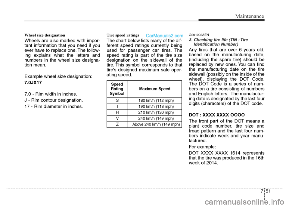 Hyundai H-1 (Grand Starex) 2015 Owners Manual 751
Maintenance
Wheel size designation
Wheels are also marked with impor-
tant information that you need if you
ever have to replace one. The follow-
ing explains what the letters and
numbers in the Hyundai H-1 (Grand Starex) 2015 Owners Manual 751
Maintenance
Wheel size designation
Wheels are also marked with impor-
tant information that you need if you
ever have to replace one. The follow-
ing explains what the letters and
numbers in the