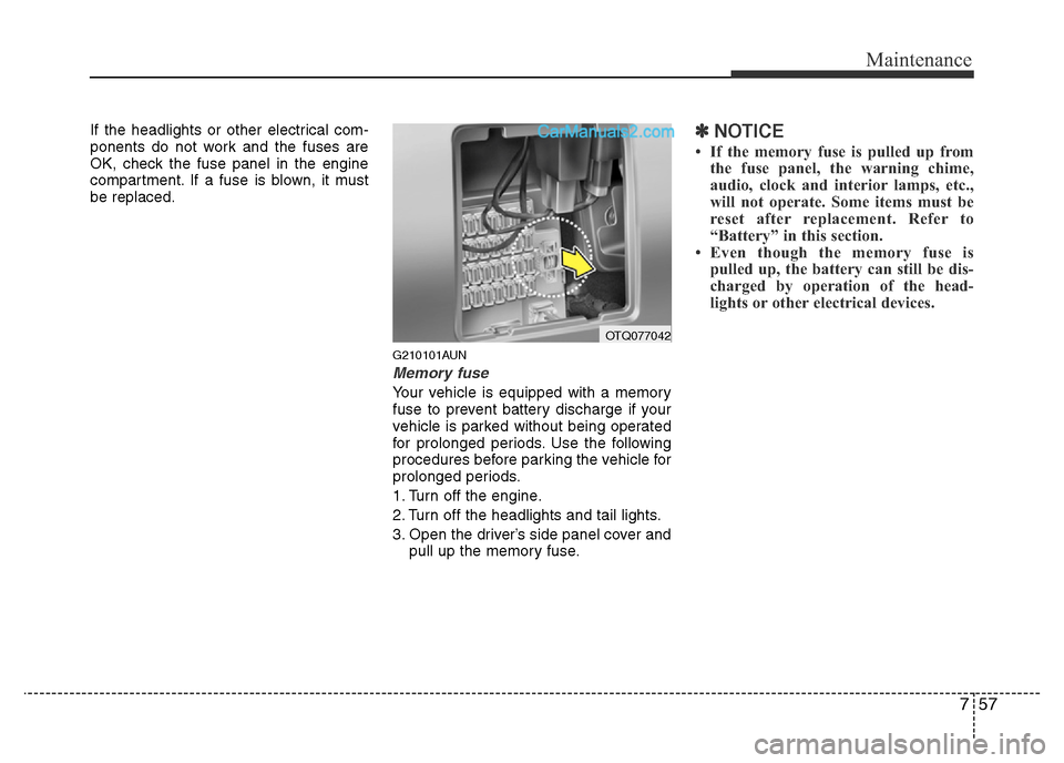 Hyundai H-1 (Grand Starex) 2015  Owners Manual 757
Maintenance
If the headlights or other electrical com-
ponents do not work and the fuses are
OK, check the fuse panel in the engine
compartment. If a fuse is blown, it must
be replaced.
G210101AUN