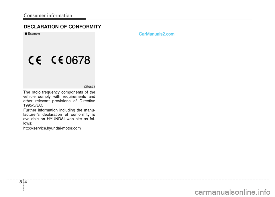 Hyundai H-1 (Grand Starex) 2015 Owners Manual Consumer information
4 8
The radio frequency components of the
vehicle comply with requirements and
other relevant provisions of Directive
1995/5/EC.
Further information including the manu-
facturers Hyundai H-1 (Grand Starex) 2015 Owners Manual Consumer information
4 8
The radio frequency components of the
vehicle comply with requirements and
other relevant provisions of Directive
1995/5/EC.
Further information including the manu-
facturers