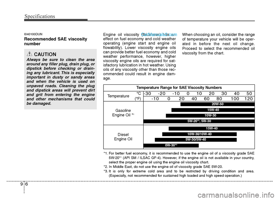 Hyundai H-1 (Grand Starex) 2015  Owners Manual Specifications
6 9
I040100DUN
Recommended SAE viscosity
number   
Engine oil viscosity (thickness) has an
effect on fuel economy and cold weather
operating (engine start and engine oil
flowability). L