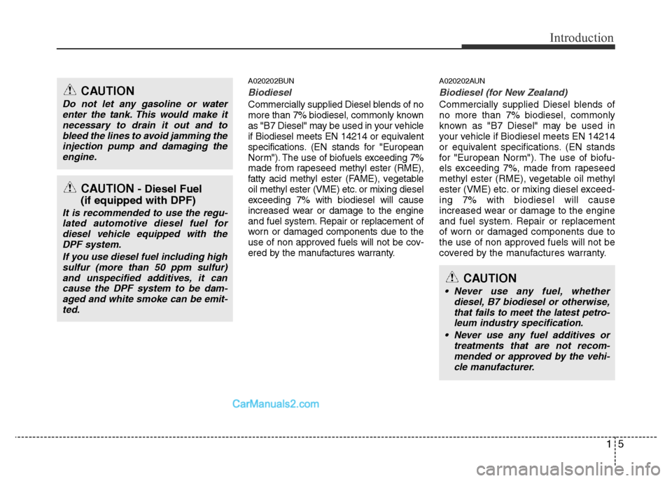 Hyundai H-1 (Grand Starex) 2015  Owners Manual 15
Introduction
A020202BUN
Biodiesel 
Commercially supplied Diesel blends of no
more than 7% biodiesel, commonly known
as "B7 Diesel" may be used in your vehicle
if Biodiesel meets EN 14214 or equival