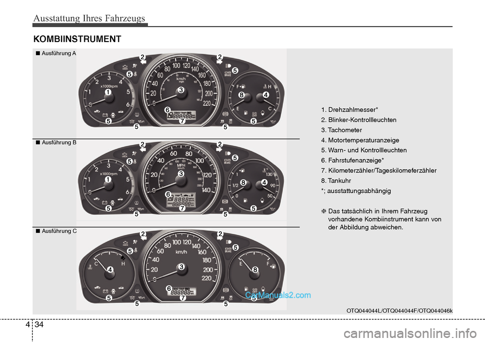 Hyundai H-1 (Grand Starex) 2015 Betriebsanleitung (in German) Ausstattung Ihres Fahrzeugs
34 4
KOMBIINSTRUMENT
1. Drehzahlmesser*
2. Blinker-Kontrollleuchten
3. Tachometer
4. Motortemperaturanzeige
5. Warn- und Kontrollleuchten
6. Fahrstufenanzeige*
7. Kilometer Hyundai H-1 (Grand Starex) 2015 Betriebsanleitung (in German) Ausstattung Ihres Fahrzeugs
34 4
KOMBIINSTRUMENT
1. Drehzahlmesser*
2. Blinker-Kontrollleuchten
3. Tachometer
4. Motortemperaturanzeige
5. Warn- und Kontrollleuchten
6. Fahrstufenanzeige*
7. Kilometer