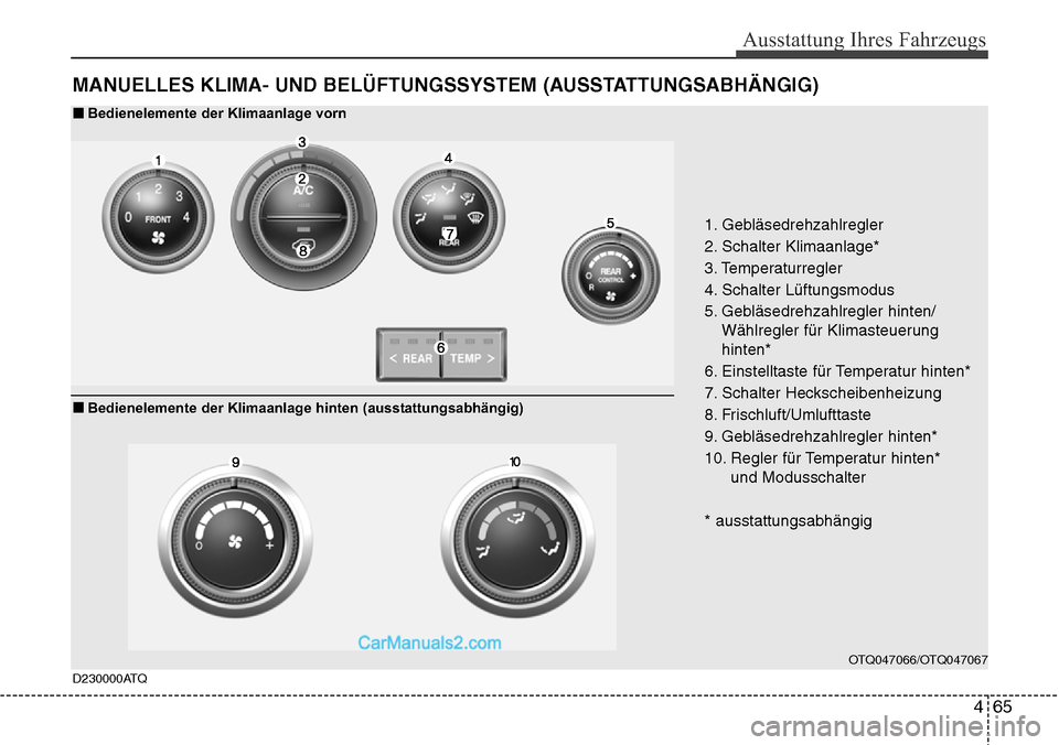 Hyundai H-1 (Grand Starex) 2015 Betriebsanleitung (in German) 465
Ausstattung Ihres Fahrzeugs
MANUELLES KLIMA- UND BELÜFTUNGSSYSTEM (AUSSTATTUNGSABHÄNGIG)
OTQ047066/OTQ047067
1. Gebläsedrehzahlregler
2. Schalter Klimaanlage*
3. Temperaturregler
4. Schalter L Hyundai H-1 (Grand Starex) 2015 Betriebsanleitung (in German) 465
Ausstattung Ihres Fahrzeugs
MANUELLES KLIMA- UND BELÜFTUNGSSYSTEM (AUSSTATTUNGSABHÄNGIG)
OTQ047066/OTQ047067
1. Gebläsedrehzahlregler
2. Schalter Klimaanlage*
3. Temperaturregler
4. Schalter L