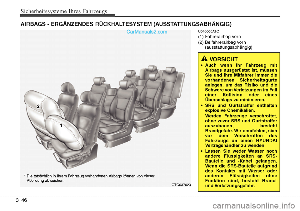 Hyundai H-1 (Grand Starex) 2015  Betriebsanleitung (in German) Sicherheitssysteme Ihres Fahrzeugs
46 3
C040000ATQ
(1) Fahrerairbag vorn
(2) Beifahrerairbag vorn 
(ausstattungsabhängig)
AIRBAGS - ERGÄNZENDES RÜCKHALTESYSTEM (AUSSTATTUNGSABHÄNGIG)
VORSICHT
• 