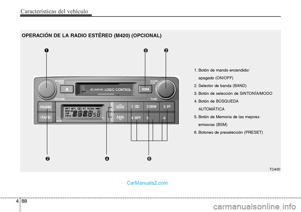 Hyundai H-1 (Grand Starex) 2015 Manual del propietario (in Spanish) Características del vehículo
88 4
1. Botón de mando encendido/
apagado (ON/OFF)
2. Selector de banda (BAND)
3. Botón de selección de SINTONÍA/MODO
4. Botón de BÚSQUEDA
AUTOMÁTICA
5. Botón d Hyundai H-1 (Grand Starex) 2015 Manual del propietario (in Spanish) Características del vehículo
88 4
1. Botón de mando encendido/
apagado (ON/OFF)
2. Selector de banda (BAND)
3. Botón de selección de SINTONÍA/MODO
4. Botón de BÚSQUEDA
AUTOMÁTICA
5. Botón d