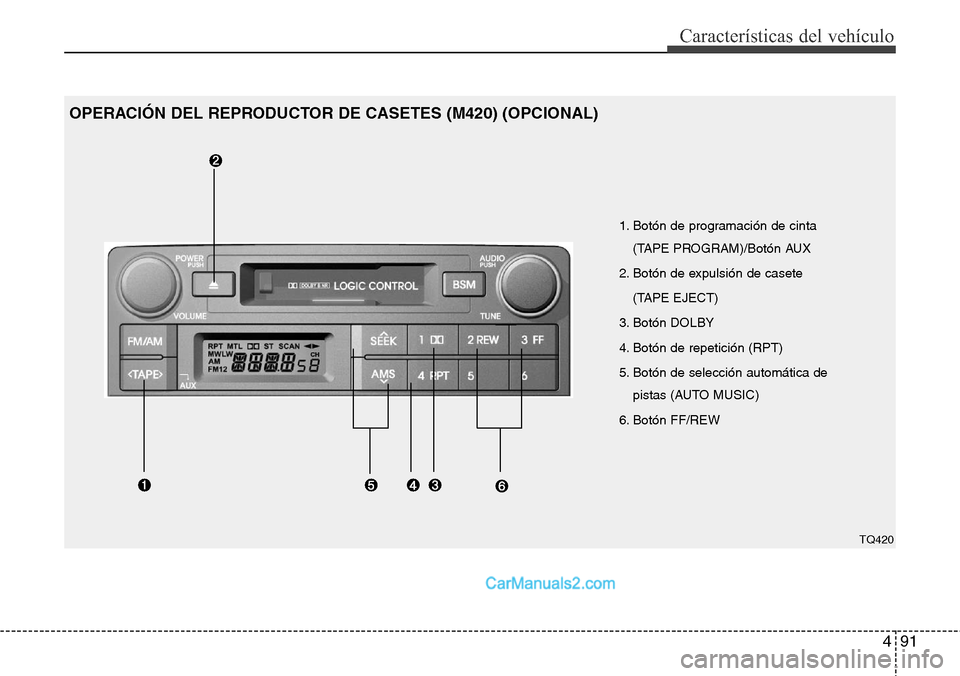 Hyundai H-1 (Grand Starex) 2015 Manual del propietario (in Spanish) 491
Características del vehículo
1. Botón de programación de cinta
(TAPE PROGRAM)/Botón AUX
2. Botón de expulsión de casete
(TAPE EJECT)
3. Botón DOLBY
4. Botón de repetición (RPT)
5. Botó Hyundai H-1 (Grand Starex) 2015 Manual del propietario (in Spanish) 491
Características del vehículo
1. Botón de programación de cinta
(TAPE PROGRAM)/Botón AUX
2. Botón de expulsión de casete
(TAPE EJECT)
3. Botón DOLBY
4. Botón de repetición (RPT)
5. Botó