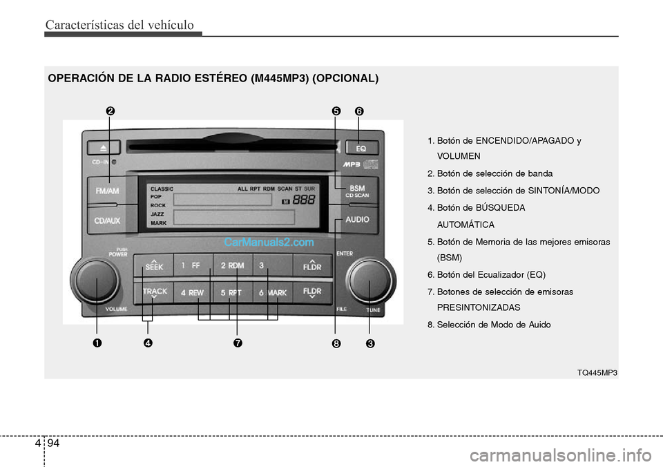 Hyundai H-1 (Grand Starex) 2015 Manual del propietario (in Spanish) Características del vehículo
94 4
1. Botón de ENCENDIDO/APAGADO y
VOLUMEN
2. Botón de selección de banda
3. Botón de selección de SINTONÍA/MODO
4. Botón de BÚSQUEDA
AUTOMÁTICA
5. Botón d Hyundai H-1 (Grand Starex) 2015 Manual del propietario (in Spanish) Características del vehículo
94 4
1. Botón de ENCENDIDO/APAGADO y
VOLUMEN
2. Botón de selección de banda
3. Botón de selección de SINTONÍA/MODO
4. Botón de BÚSQUEDA
AUTOMÁTICA
5. Botón d