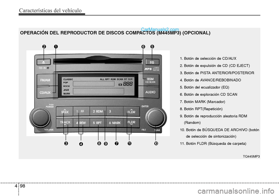 Hyundai H-1 (Grand Starex) 2015  Manual del propietario (in Spanish) Características del vehículo
98 4
1. Botón de selección de CD/AUX
2. Botón de expulsión de CD (CD EJECT)
3. Botón de PISTA ANTERIOR/POSTERIOR
4. Botón de AVANCE/REBOBINADO
5. Botón del ecuali