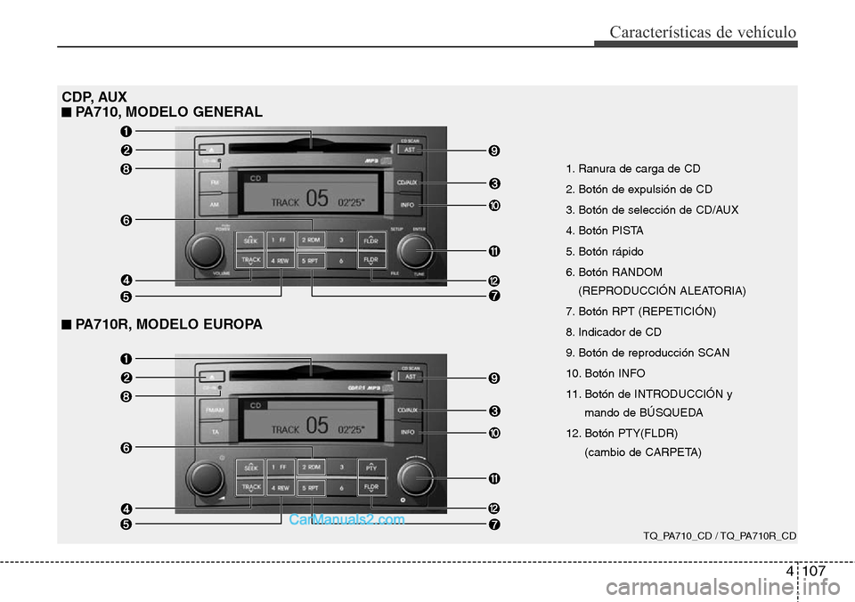 Hyundai H-1 (Grand Starex) 2015 Manual del propietario (in Spanish) 4107
Características de vehículo
TQ_PA710_CD / TQ_PA710R_CD
CDP, AUX
■ PA710, MODELO GENERAL
■ PA710R, MODELO EUROPA
1. Ranura de carga de CD
2. Botón de expulsión de CD
3. Botón de selecció Hyundai H-1 (Grand Starex) 2015 Manual del propietario (in Spanish) 4107
Características de vehículo
TQ_PA710_CD / TQ_PA710R_CD
CDP, AUX
■ PA710, MODELO GENERAL
■ PA710R, MODELO EUROPA
1. Ranura de carga de CD
2. Botón de expulsión de CD
3. Botón de selecció