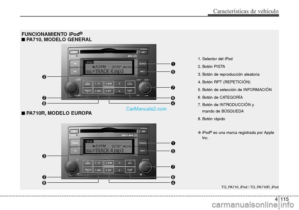Hyundai H-1 (Grand Starex) 2015 Manual del propietario (in Spanish) 4115
Características de vehículo
FUNCIONAMIENTO iPod®
■ PA710, MODELO GENERAL
■ PA710R, MODELO EUROPA
1. Selector del iPod
2. Botón PISTA
3. Botón de reproducción aleatoria
4. Botón RPT (RE Hyundai H-1 (Grand Starex) 2015 Manual del propietario (in Spanish) 4115
Características de vehículo
FUNCIONAMIENTO iPod®
■ PA710, MODELO GENERAL
■ PA710R, MODELO EUROPA
1. Selector del iPod
2. Botón PISTA
3. Botón de reproducción aleatoria
4. Botón RPT (RE