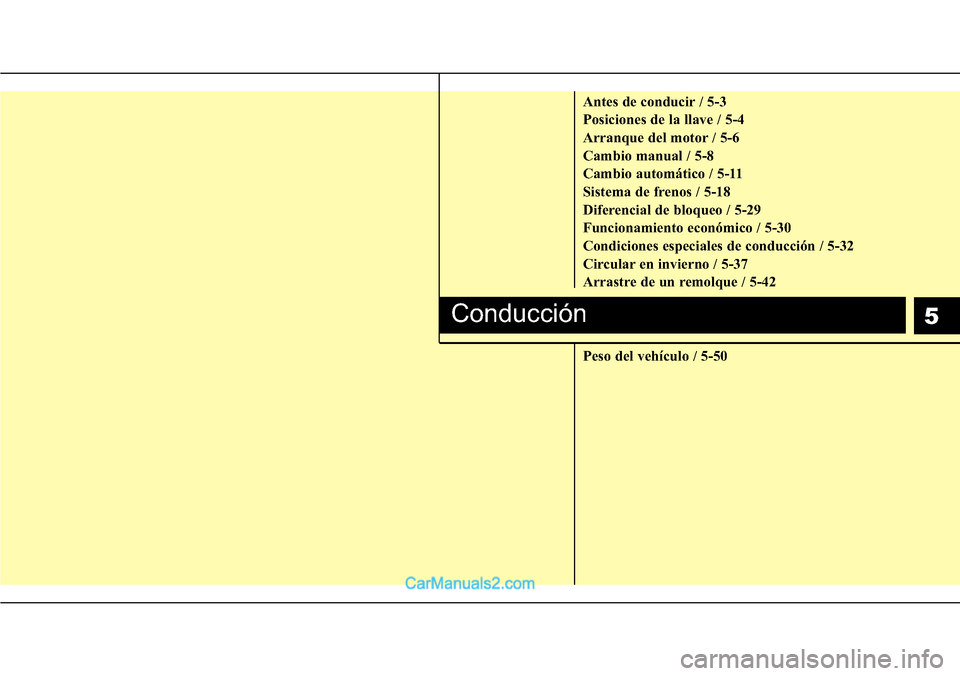 Hyundai H-1 (Grand Starex) 2015 Manual del propietario (in Spanish) 5
Antes de conducir / 5-3
Posiciones de la llave / 5-4
Arranque del motor / 5-6
Cambio manual / 5-8
Cambio automático / 5-11
Sistema de frenos / 5-18
Diferencial de bloqueo / 5-29
Funcionamiento econ Hyundai H-1 (Grand Starex) 2015 Manual del propietario (in Spanish) 5
Antes de conducir / 5-3
Posiciones de la llave / 5-4
Arranque del motor / 5-6
Cambio manual / 5-8
Cambio automático / 5-11
Sistema de frenos / 5-18
Diferencial de bloqueo / 5-29
Funcionamiento econ