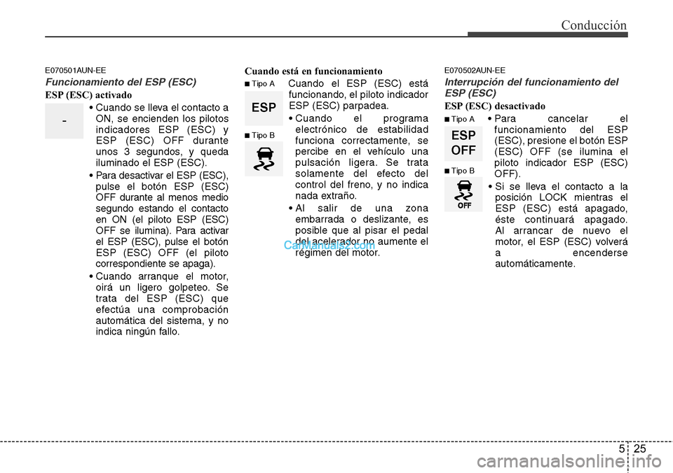 Hyundai H-1 (Grand Starex) 2015  Manual del propietario (in Spanish) 25
Conducción
E070501AUN-EE
Funcionamiento del ESP (ESC)
ESP (ESC) activado
• Cuando se lleva el contacto a
ON, se encienden los pilotos
indicadores ESP (ESC) y
ESP (ESC) OFF durante
unos 3 segundo