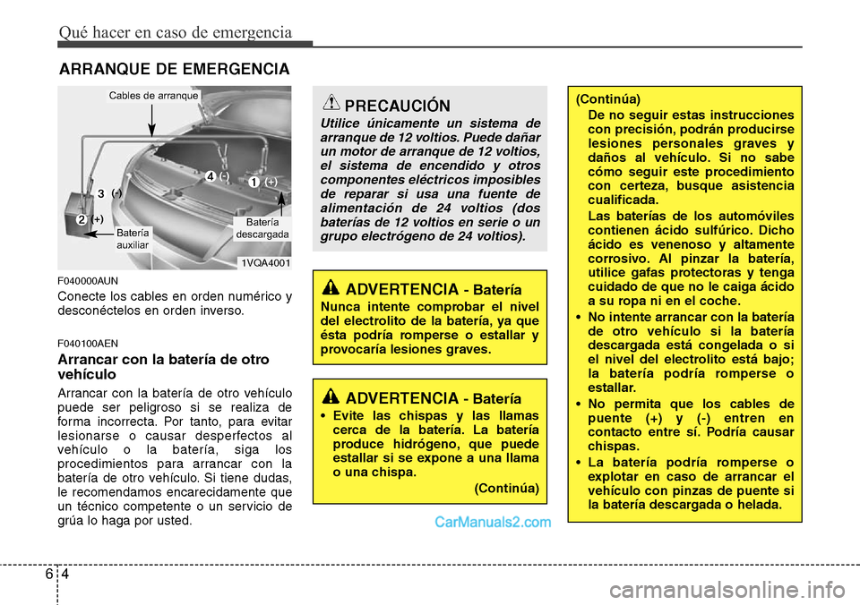 Hyundai H-1 (Grand Starex) 2015 Manual del propietario (in Spanish) Qué hacer en caso de emergencia
4 6
ARRANQUE DE EMERGENCIA
F040000AUN
Conecte los cables en orden numérico y
desconéctelos en orden inverso.
F040100AEN
Arrancar con la batería de otro
vehículo
Ar Hyundai H-1 (Grand Starex) 2015 Manual del propietario (in Spanish) Qué hacer en caso de emergencia
4 6
ARRANQUE DE EMERGENCIA
F040000AUN
Conecte los cables en orden numérico y
desconéctelos en orden inverso.
F040100AEN
Arrancar con la batería de otro
vehículo
Ar