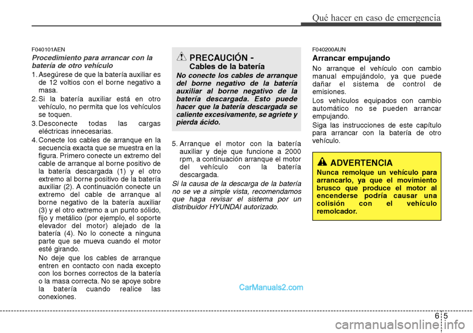 Hyundai H-1 (Grand Starex) 2015 Manual del propietario (in Spanish) 65
Qué hacer en caso de emergencia
F040101AEN
Procedimiento para arrancar con la
batería de otro vehículo
1. Asegúrese de que la batería auxiliar es
de 12 voltios con el borne negativo a
masa.
2. Hyundai H-1 (Grand Starex) 2015 Manual del propietario (in Spanish) 65
Qué hacer en caso de emergencia
F040101AEN
Procedimiento para arrancar con la
batería de otro vehículo
1. Asegúrese de que la batería auxiliar es
de 12 voltios con el borne negativo a
masa.
2.