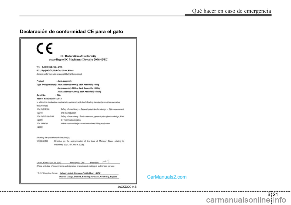 Hyundai H-1 (Grand Starex) 2015 Manual del propietario (in Spanish) 621
Qué hacer en caso de emergencia
Declaración de conformidad CE para el gato
JACKDOC14S Hyundai H-1 (Grand Starex) 2015 Manual del propietario (in Spanish) 621
Qué hacer en caso de emergencia
Declaración de conformidad CE para el gato
JACKDOC14S