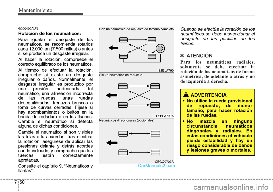 Hyundai H-1 (Grand Starex) 2015  Manual del propietario (in Spanish) Mantenimiento
50 7
G200400AUN
Rotación de los neumáticos:
Para igualar el desgaste de los
neumáticos, se recomienda rotarlos
cada 12.000 km (7.500 millas) o antes
si se produce un desgaste irregula