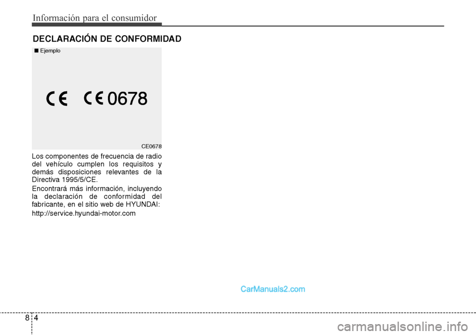 Hyundai H-1 (Grand Starex) 2015 Manual del propietario (in Spanish) Información para el consumidor
4 8
Los componentes de frecuencia de radio
del vehículo cumplen los requisitos y
demás disposiciones relevantes de la
Directiva 1995/5/CE.
Encontrará más informaci Hyundai H-1 (Grand Starex) 2015 Manual del propietario (in Spanish) Información para el consumidor
4 8
Los componentes de frecuencia de radio
del vehículo cumplen los requisitos y
demás disposiciones relevantes de la
Directiva 1995/5/CE.
Encontrará más informaci