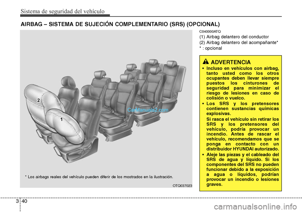Hyundai H-1 (Grand Starex) 2015  Manual del propietario (in Spanish) Sistema de seguridad del vehículo
40 3
C040000ATQ
(1) Airbag delantero del conductor
(2) Airbag delantero del acompañante*
* : opcional
AIRBAG – SISTEMA DE SUJECIÓN COMPLEMENTARIO (SRS) (OPCIONAL