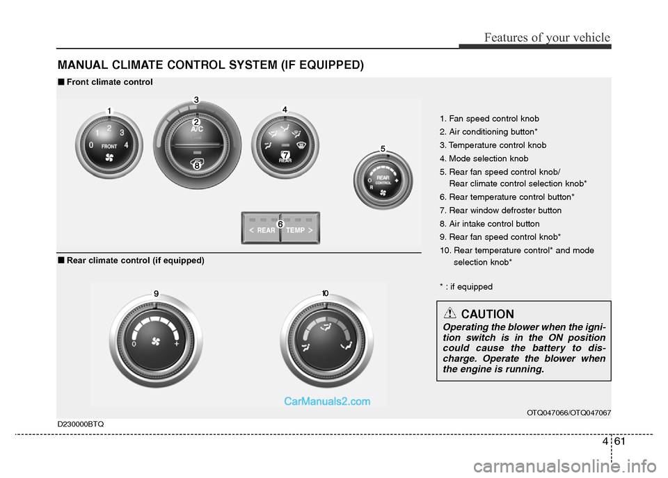 Hyundai H-1 (Grand Starex) 2014  Owners Manual 461
Features of your vehicle
MANUAL CLIMATE CONTROL SYSTEM (IF EQUIPPED)
OTQ047066/OTQ047067
1. Fan speed control knob
2. Air conditioning button*
3. Temperature control knob
4. Mode selection knob
5.