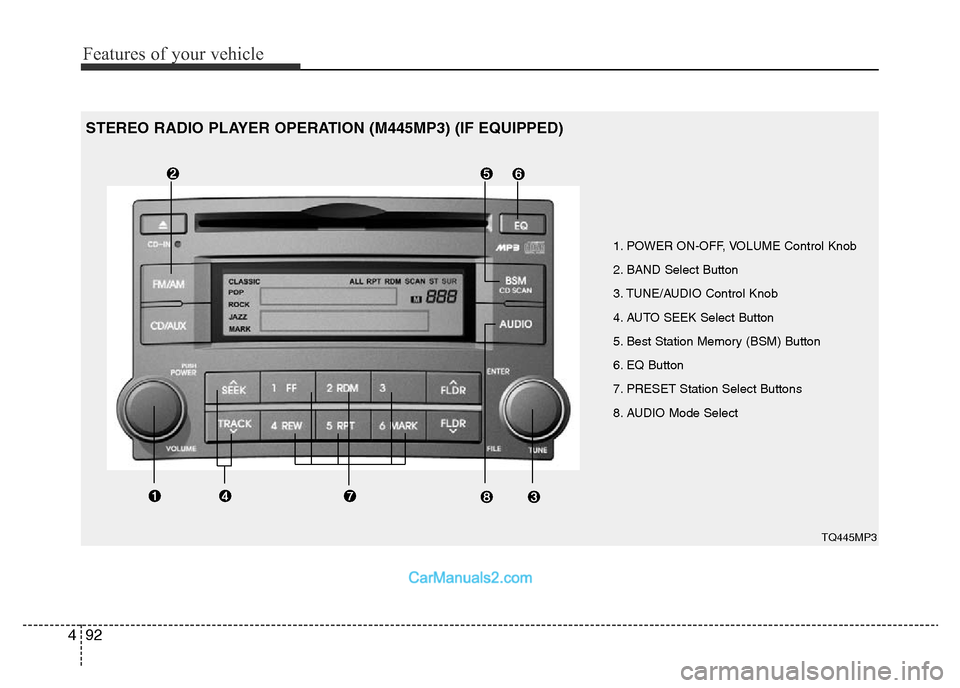 Hyundai H-1 (Grand Starex) 2014  Owners Manual Features of your vehicle
92 4
1. POWER ON-OFF, VOLUME Control Knob
2. BAND Select Button 
3. TUNE/AUDIO Control Knob
4. AUTO SEEK Select Button
5. Best Station Memory (BSM) Button
6. EQ Button
7. PRES