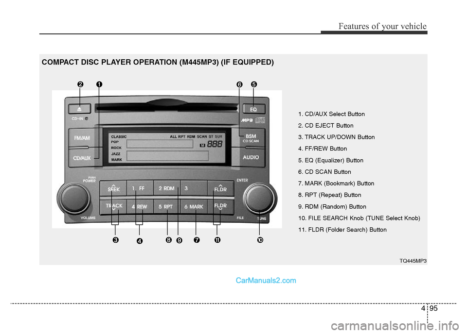 Hyundai H-1 (Grand Starex) 2014  Owners Manual 495
Features of your vehicle
1. CD/AUX Select Button
2. CD EJECT Button
3. TRACK UP/DOWN Button
4. FF/REW Button
5. EQ (Equalizer) Button
6. CD SCAN Button
7. MARK (Bookmark) Button
8. RPT (Repeat) Bu