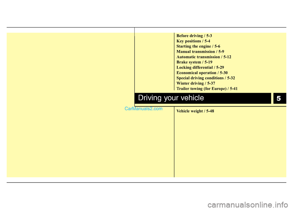 Hyundai H-1 (Grand Starex) 2014  Owners Manual 5
Before driving / 5-3
Key positions / 5-4
Starting the engine / 5-6
Manual transmission / 5-9
Automatic transmission / 5-12
Brake system / 5-19
Locking differential / 5-29
Economical operation / 5-30