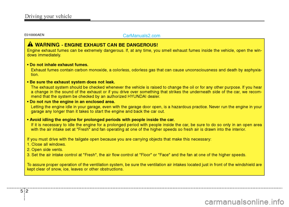 Hyundai H-1 (Grand Starex) 2014  Owners Manual Driving your vehicle
2 5
E010000AEN
WARNING- ENGINE EXHAUST CAN BE DANGEROUS!
Engine exhaust fumes can be extremely dangerous. If, at any time, you smell exhaust fumes inside the vehicle, open the win