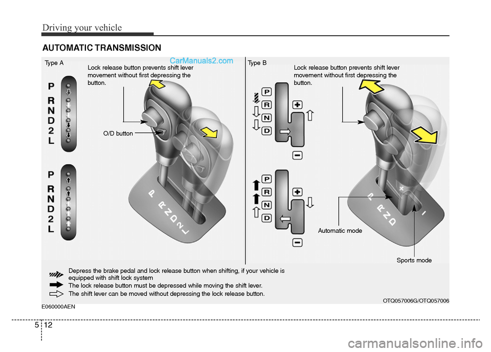Hyundai H-1 (Grand Starex) 2014 Owners Manual Driving your vehicle
12 5
E060000AEN
AUTOMATIC TRANSMISSION
The shift lever can be moved without depressing the lock release button.
O/D button Type A
Lock release button prevents shift lever
movement Hyundai H-1 (Grand Starex) 2014 Owners Manual Driving your vehicle
12 5
E060000AEN
AUTOMATIC TRANSMISSION
The shift lever can be moved without depressing the lock release button.
O/D button Type A
Lock release button prevents shift lever
movement